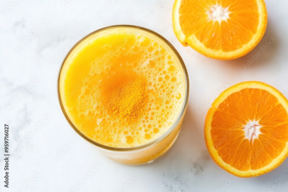 Freshly squeezed orange juice in a glass with vibrant color, placed beside cut oranges on a white marble surface. Freshly squeezed orange juice in a glass with vibrant color, placed beside cut oranges on a white marble surface.