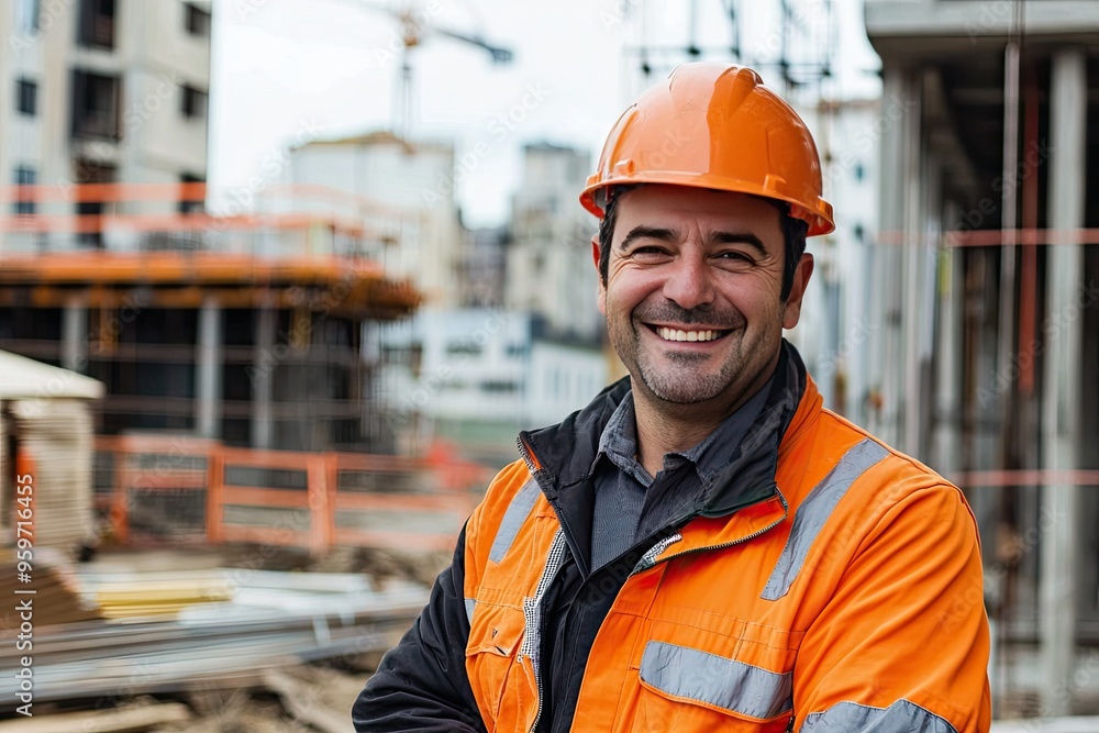 smiling male construction worker wearing a hard hat, standing in front of a construction site with buildings in the background smiling male construction worker wearing a hard hat, standing in front of a construction site with buildings in the background
