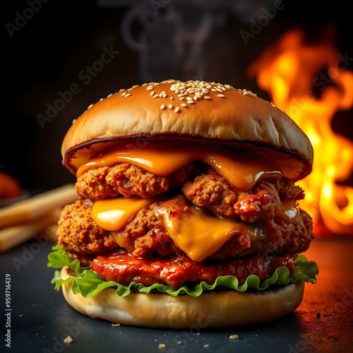 a spicy battered fried chicken hamburger with fire and flying chilli, isolated on a dark background