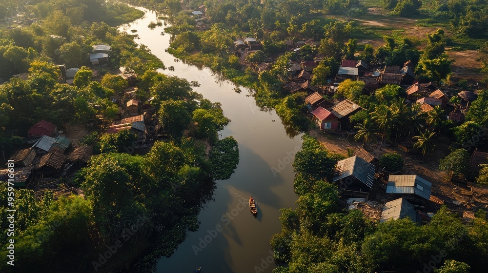 Aerial shot of the winding Sangker River in Battambang, with lush riverbanks and traditional wooden houses. Aerial shot of the winding Sangker River in Battambang, with lush riverbanks and traditional wooden houses.