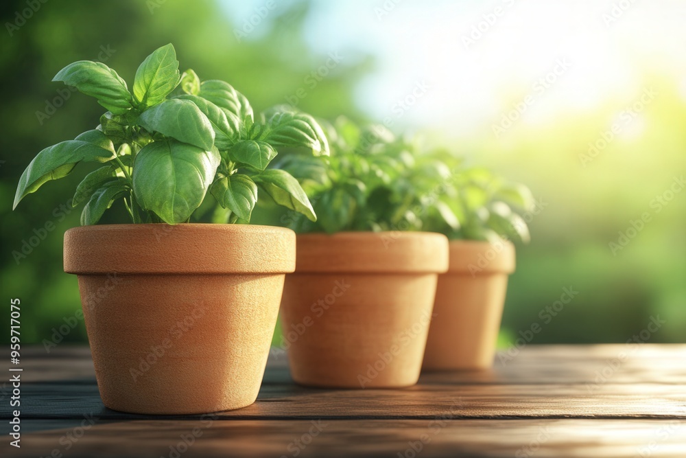 Three potted basil plants on a wooden table, illuminated by soft sunlight. Ideal for gardening, nature, and culinary themes. Three potted basil plants on a wooden table, illuminated by soft sunlight. Ideal for gardening, nature, and culinary themes.