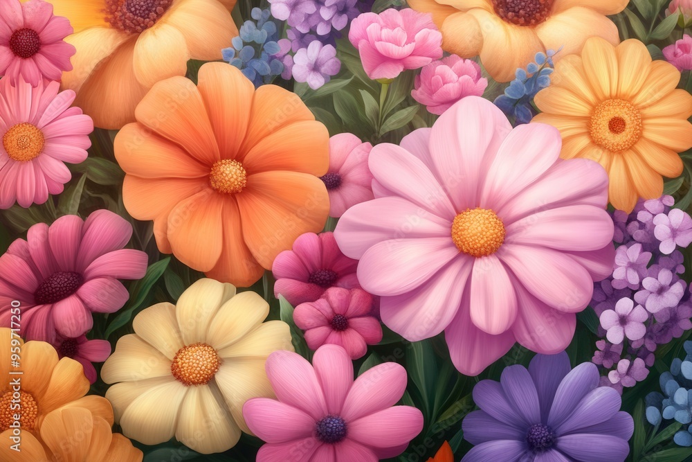 Fototapeta premium A colorful assortment of vibrant flowers, including daisies and zinnias, in full bloom, showing off their vivid petals and lush beauty.