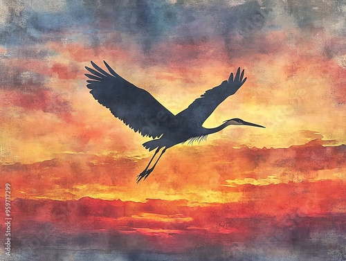 Crane silhouetted against a vibrant sunset, dramatic sky, watercolor style photo