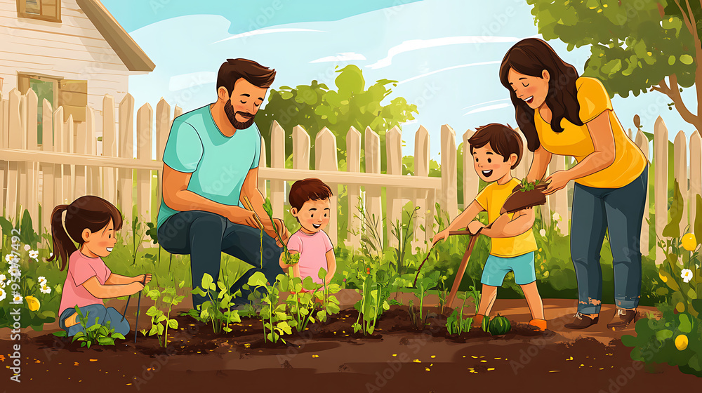 A family tending to a vegetable garden in their backyard, with parents teaching the children how to plant seeds and water the plants A family tending to a vegetable garden in their backyard, with parents teaching the children how to plant seeds and water the plants