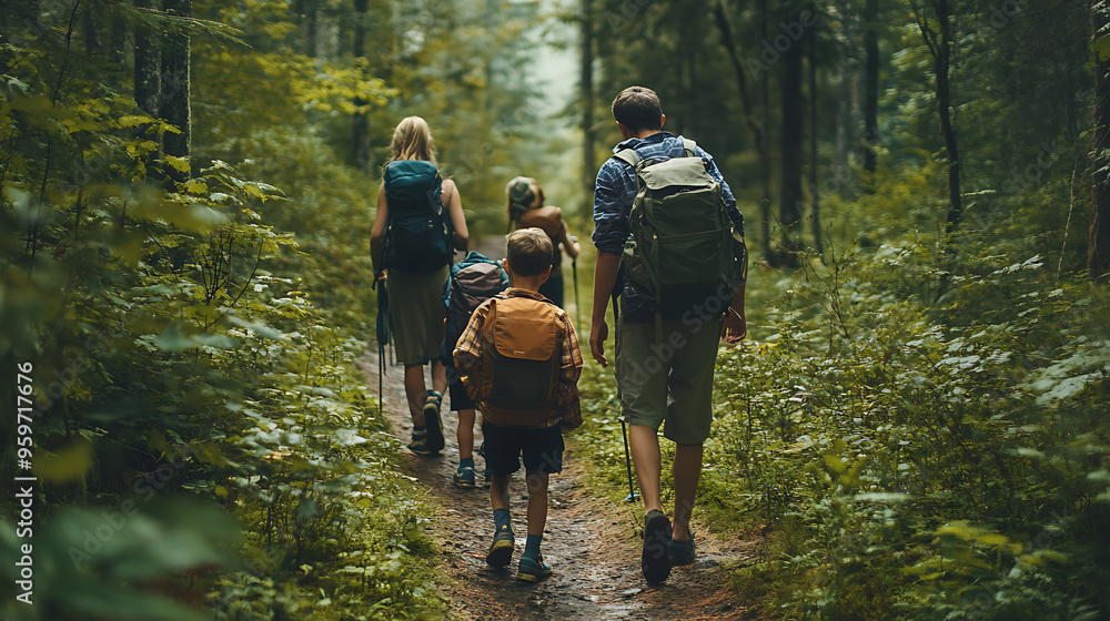 Parents and children hiking together on a forest trail, with everyone carrying small backpacks and enjoying the nature around them Parents and children hiking together on a forest trail, with everyone carrying small backpacks and enjoying the nature around them