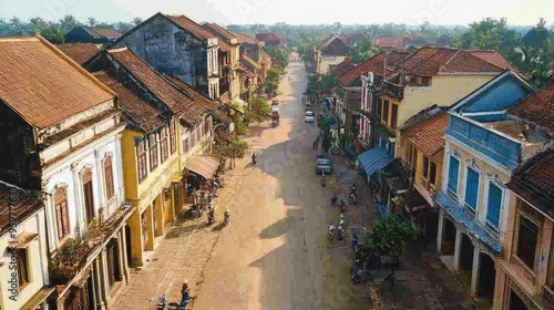 Bird's eye view of Battambang's French Quarter, with colonial-era buildings lining narrow streets. photo