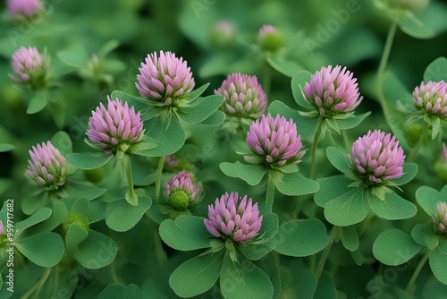 Red clover flowers with round ball shaped blooms and green leaves, AI Generated photo