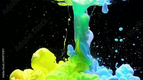 Vibrant paint drops splashing and swirling in water, creating mesmerizing patterns as colorful ink disperses and blends, forming a dynamic and fluid visual display