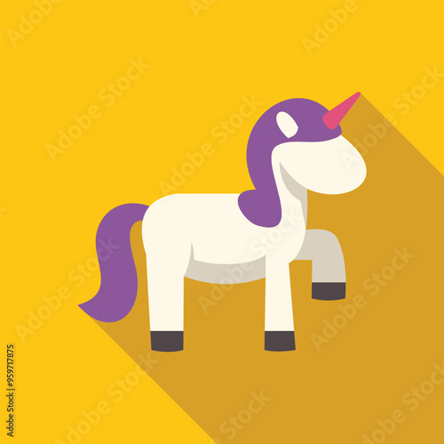 Minimalist vector illustration of a white unicorn standing on a yellow background with a long shadow