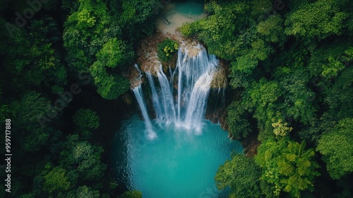 Bird's eye view of Erawan Waterfall in Kanchanaburi, cascading through seven tiers surrounded by a dense tropical forest. photo