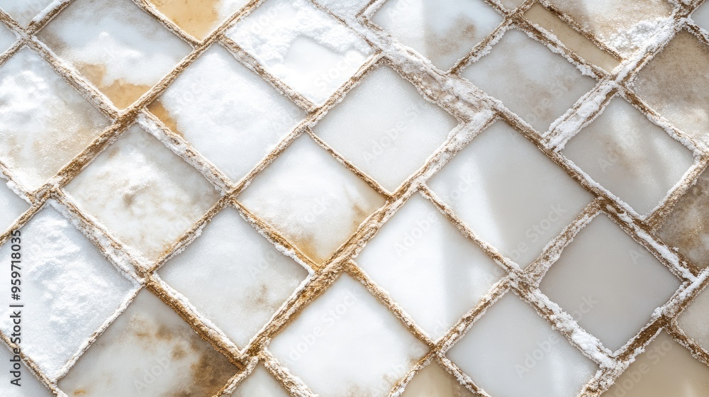 Fototapeta premium Bird's eye view of Kampot's salt fields, with a grid of white salt pans reflecting sunlight, creating geometric patterns.