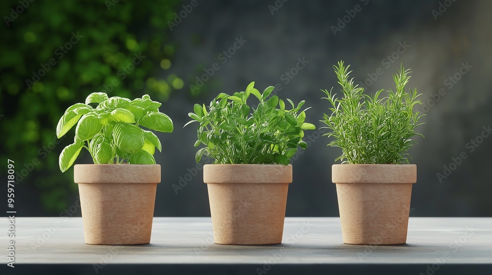 Fresh Herbs, Rustic Charm: A trio of terracotta pots brimming with vibrant basil, rosemary, and thyme, set against a blurred backdrop of lush greenery. Fresh Herbs, Rustic Charm: A trio of terracotta pots brimming with vibrant basil, rosemary, and thyme, set against a blurred backdrop of lush greenery.