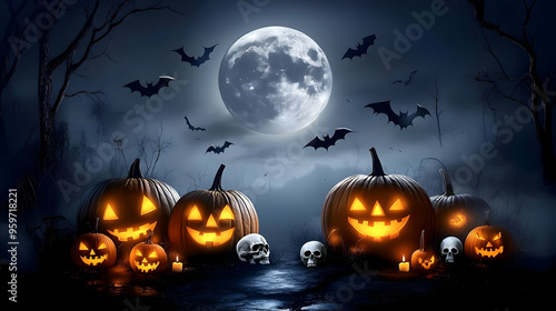 Halloween Jack o Lanterns with Full Moon and Bats