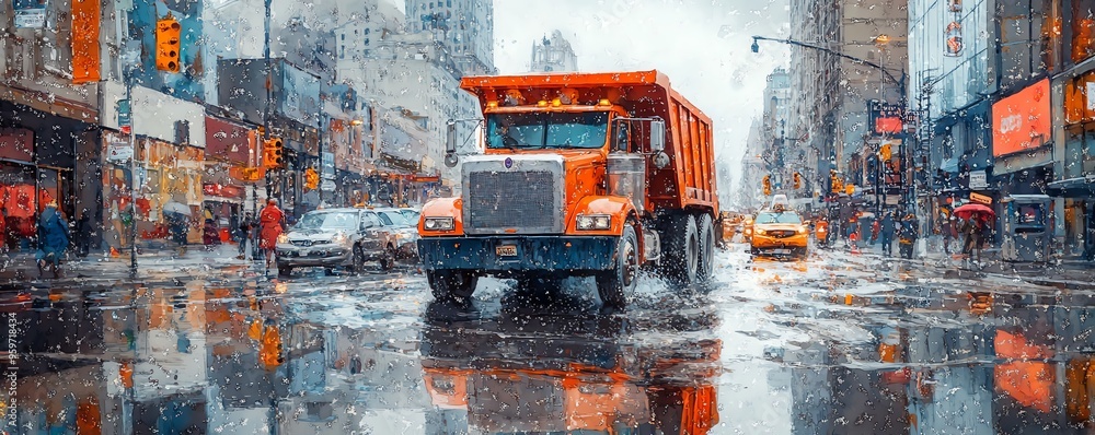 Dump truck driving through a rainsoaked city street, reflections in the puddles, watercolor style Dump truck driving through a rainsoaked city street, reflections in the puddles, watercolor style