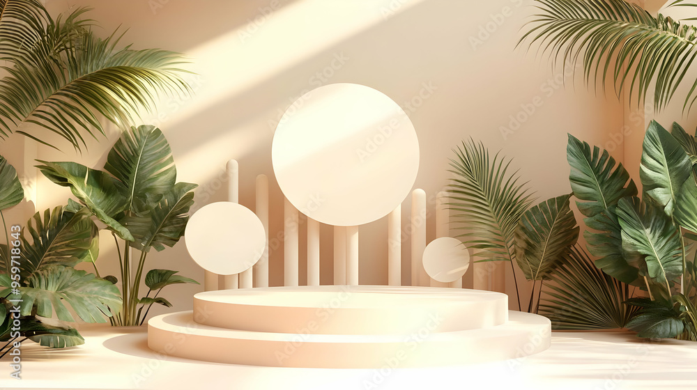 Fototapeta premium Minimalist Beige Product Display Platform with Tropical Plants and Sunlight