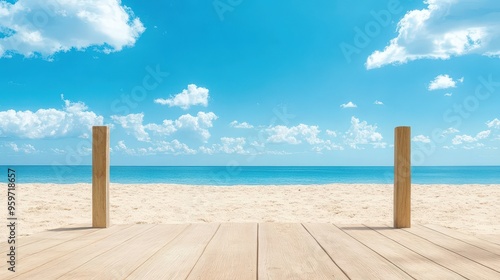 Serene beach view with a wooden deck, clear blue sky, and soft sandy shore, ideal for relaxation and vacation imagery.