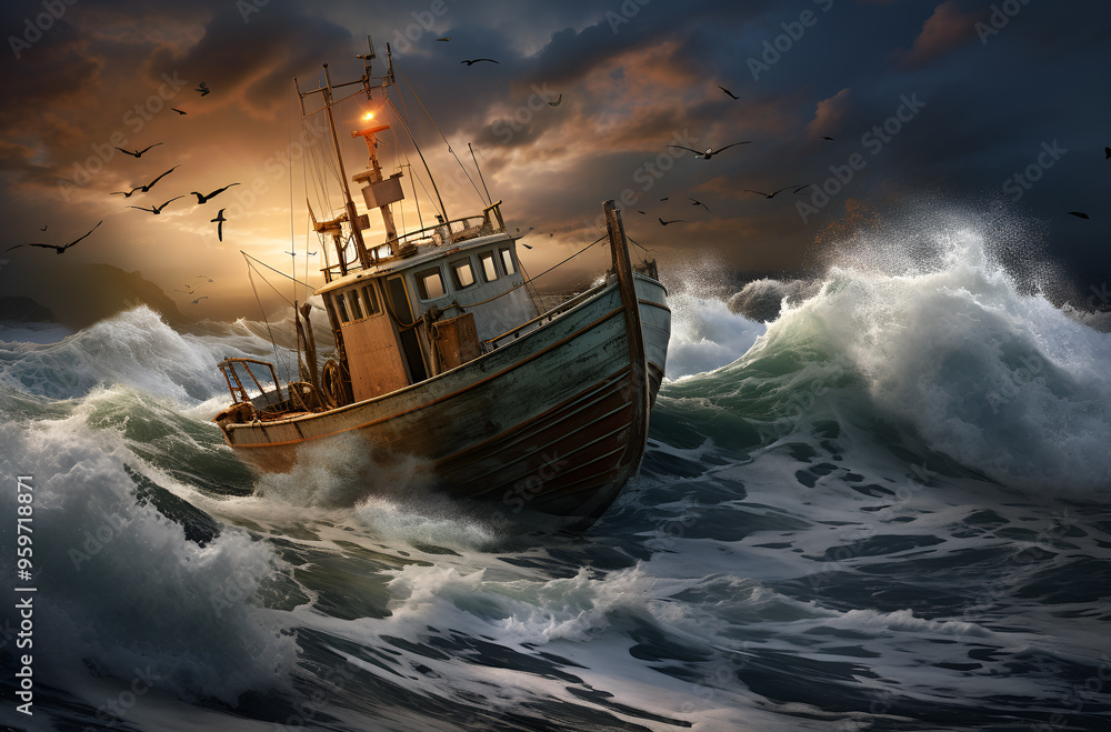 Obraz premium Fishing boat in the sea storm, AI Generated