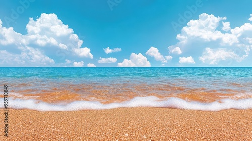 A tranquil beach scene featuring golden sand, gentle waves, and a clear blue sky with fluffy clouds, perfect for relaxation.