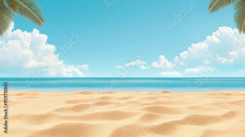 A tranquil beach scene with soft sand, calm ocean waves, and fluffy clouds under a bright blue sky, perfect for relaxation.