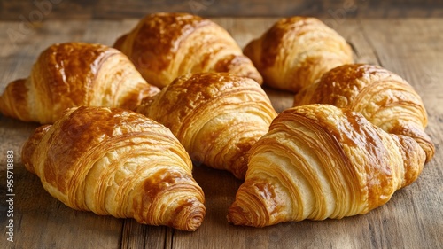 Golden Croissants on Rustic Wood: A delectable arrangement of seven freshly baked croissants, their golden-brown crusts glistening, rests on a rustic wooden board. The image evokes warmth.