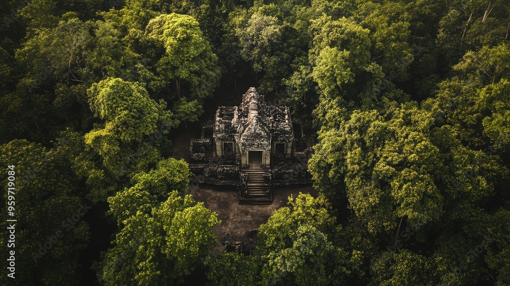 Bird's eye view of Sambor Prei Kuk's temple ruins, hidden within a dense forest canopy. Bird's eye view of Sambor Prei Kuk's temple ruins, hidden within a dense forest canopy.