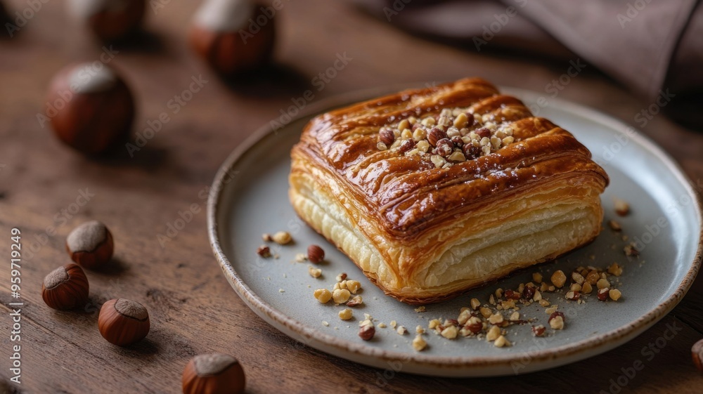 Hazelnut Pastry Delight: A golden, flaky pastry with a generous sprinkle of roasted hazelnuts sits on a rustic wooden table, inviting you to savor the sweet, nutty aroma. Hazelnut Pastry Delight: A golden, flaky pastry with a generous sprinkle of roasted hazelnuts sits on a rustic wooden table, inviting you to savor the sweet, nutty aroma.