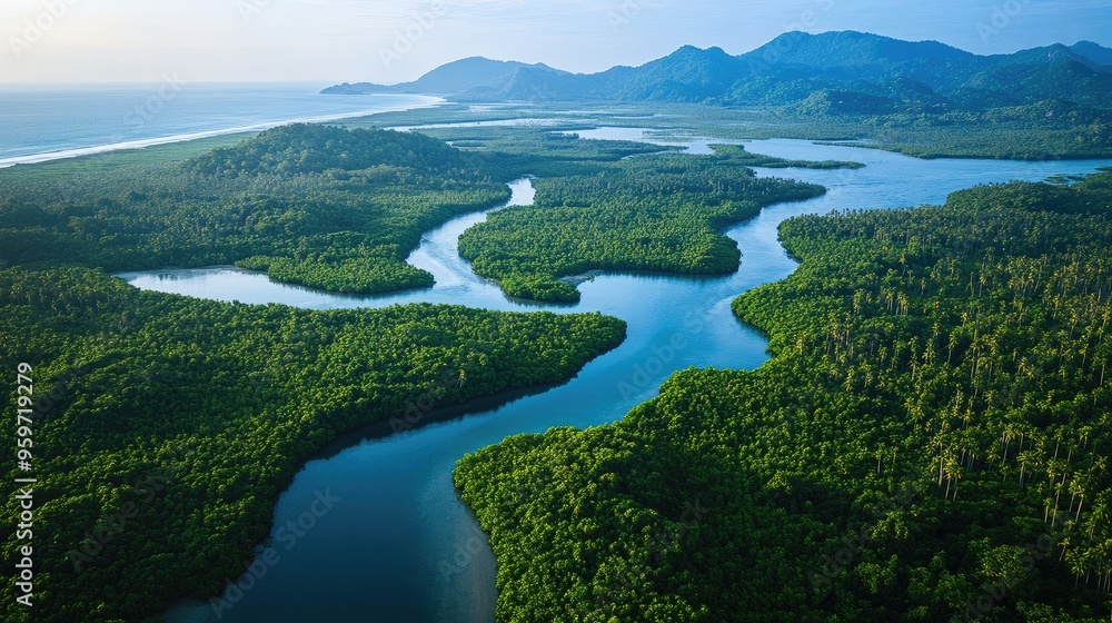 Bird's eye view of Thailandas lush mangrove forests along the Andaman coast, intersected by winding waterways. Bird's eye view of Thailandas lush mangrove forests along the Andaman coast, intersected by winding waterways.