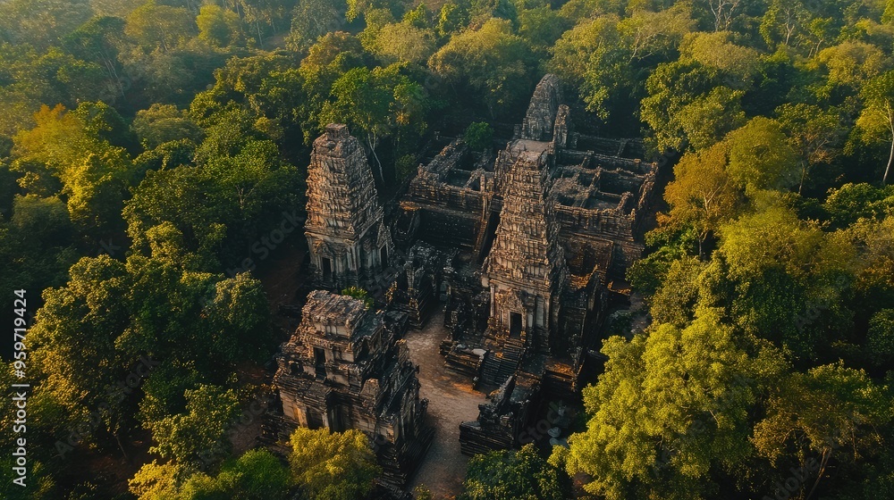 Bird's eye view of the ancient city ruins of Sambor Prei Kuk, with its ...