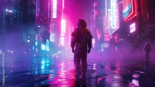 Wallpaper Mural An astronaut navigates a neon-lit futuristic cityscape at night. The vibrant lights and reflective wet streets create a striking contrast, enhancing the sci-fi atmosphere and highlighting the solitude Torontodigital.ca