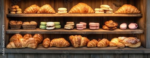 Bakery Display: Rustic Wooden Shelves Overflowing with Croissants, Macarons, and Pastries 