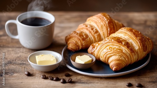 Coffee and Croissants: A delightful breakfast spread of freshly baked croissants and a steaming cup of coffee, perfect for a cozy morning.