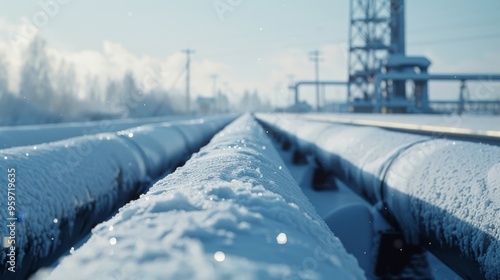 A closeup of snowladen industrial pipelines curving into the distance with a steel tower in the background on a bright winter day