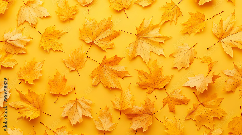 Yellow Autumn Leaves Pattern on Yellow Background Yellow Autumn Leaves Pattern on Yellow Background