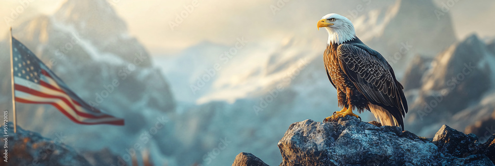Majestic bald eagle perched on mountain peaks with American flags ...
