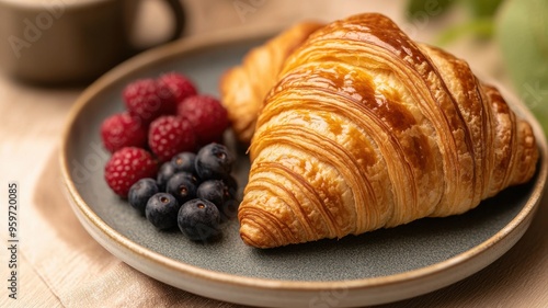 Golden Croissants and Berries: A delightful breakfast scene featuring two golden croissants, a plate of fresh raspberries and blueberries, and a cup of coffee.