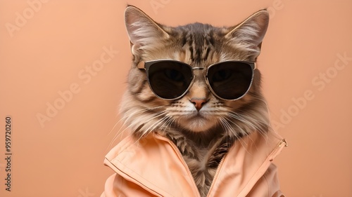 Elegant feline wearing shades against a peach backdrop. Artificial Intelligence