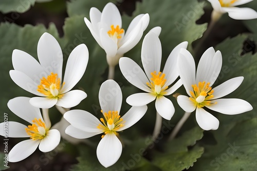 White bloodroot flowers with large white petals and golden centers, AI Generated photo