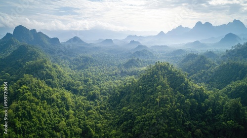 Bird's eye view of the dense forests and karst landscape of Nam Ha National Park in Luang Namtha.