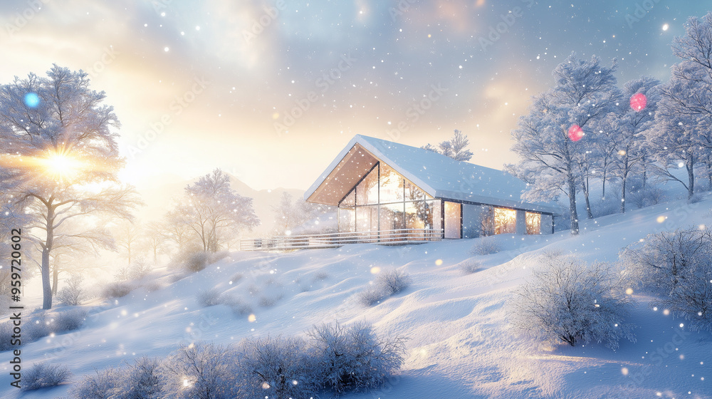 a vacation home chalet with triangular shape in a snowy winter landscape a vacation home chalet with triangular shape in a snowy winter landscape