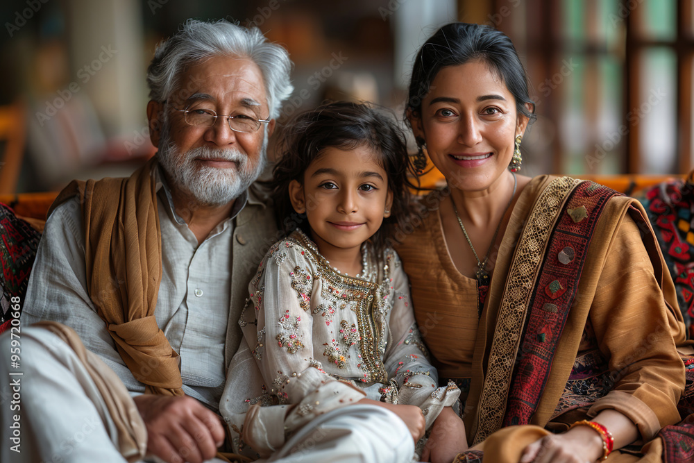 Happy family is posing together in their home, wearing traditional indian clothing Happy family is posing together in their home, wearing traditional indian clothing