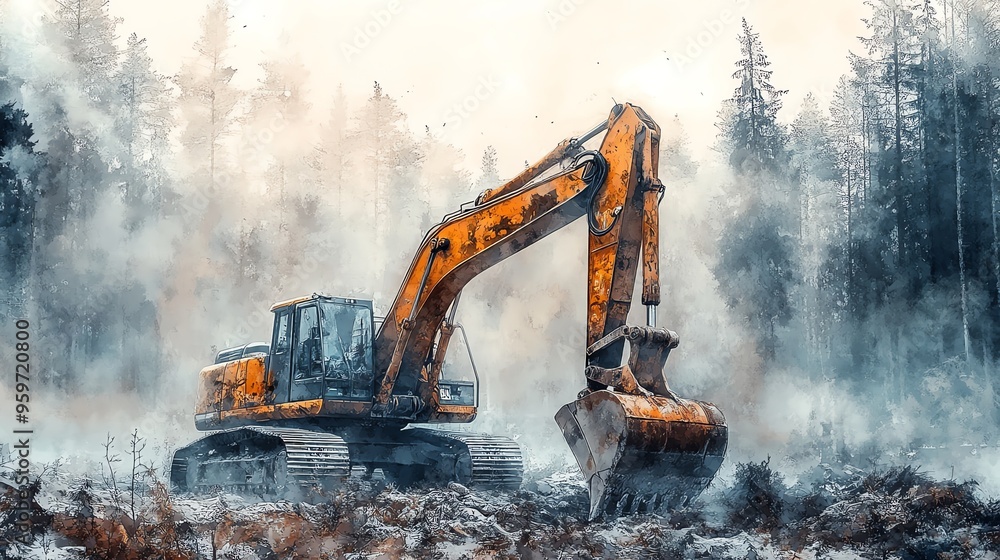 Excavator parked in a foggy forest, ethereal atmosphere, watercolor style Excavator parked in a foggy forest, ethereal atmosphere, watercolor style