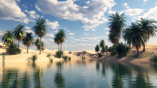 Palm trees line a tranquil oasis in a desert landscape. The reflection of the trees in the water creates a serene and beautiful scene.