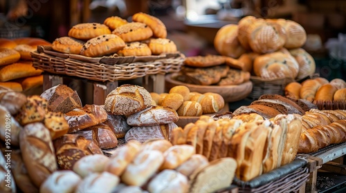 A vibrant and tempting display of an array of freshly baked breads including loaves rolls and pastries showcasing the artistry and craftsmanship of the bakery