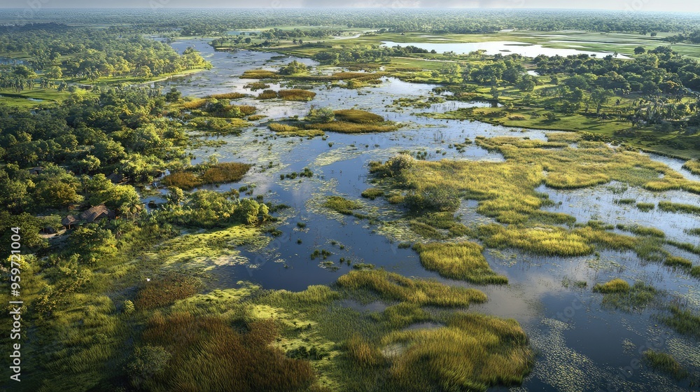Bird's eye view of the expansive wetlands in the Prek Toal Bird Sanctuary, with its varied ecosystems and waterways. Bird's eye view of the expansive wetlands in the Prek Toal Bird Sanctuary, with its varied ecosystems and waterways.