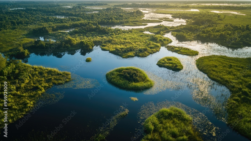Bird's eye view of the expansive wetlands in the Prek Toal Bird Sanctuary, with its varied ecosystems and waterways. Bird's eye view of the expansive wetlands in the Prek Toal Bird Sanctuary, with its varied ecosystems and waterways.