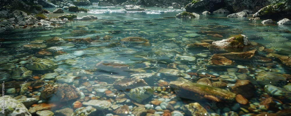 Clear river with a stony riverbed, 4K hyperrealistic photo Clear river with a stony riverbed, 4K hyperrealistic photo