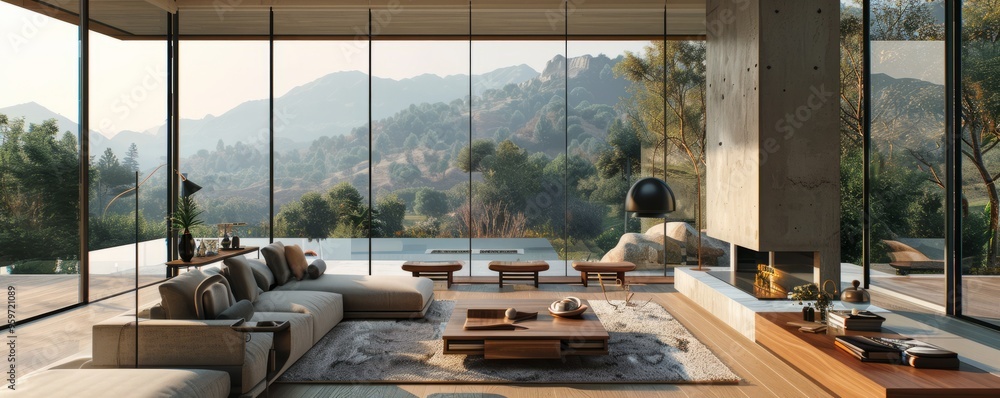 Contemporary living room with a fireplace and floor-to-ceiling windows, 4K hyperrealistic photo Contemporary living room with a fireplace and floor-to-ceiling windows, 4K hyperrealistic photo