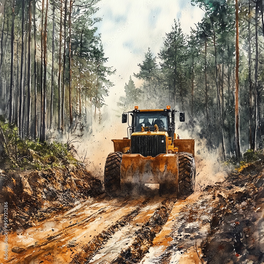 Front loader creating a new road through a forest, pioneering spirit, watercolor style Front loader creating a new road through a forest, pioneering spirit, watercolor style