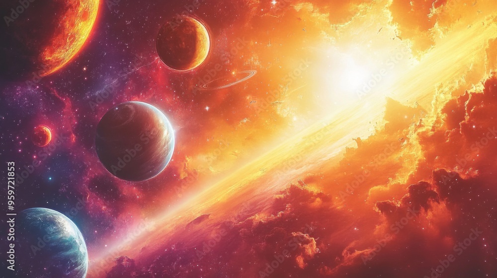 Futuristic cosmic landscape with colorful planets and nebulae Futuristic cosmic landscape with colorful planets and nebulae