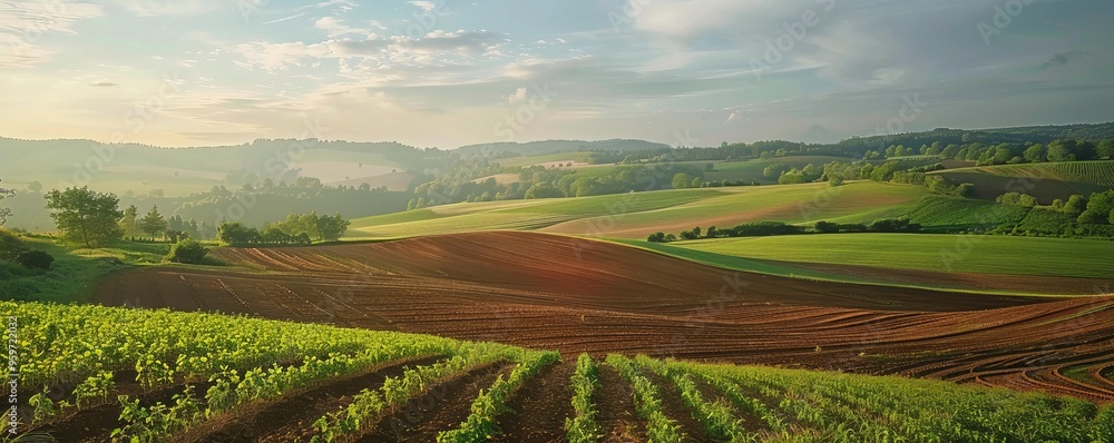 Naklejka premium Rolling farmland with a patchwork of crops, 4K hyperrealistic photo